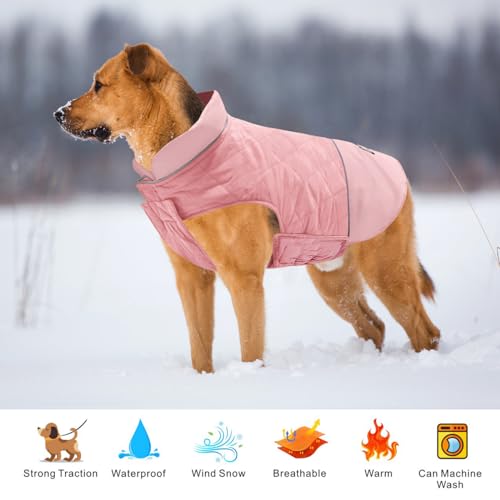 Idepet Winddichter Hundemantel Winter Warme Jacke,Anti-Schneeanzug Hundebekleidung für kleine mittelgroße Hunde mit Geschirrloch Blau Rosa Grau
