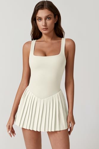 Image of QINSEN Womens Square Neck Tennis Dress Pleated Sleeveless Built in Shorts Golf Athletic Dress with Pockets