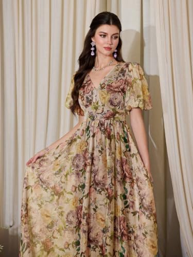 Image of TOLEEN Summer Casual Dresses for Women 2026 Spring Fashion Boho V Neck Long Sleeve Ruffle Floral Print Elegant Maxi Dress
