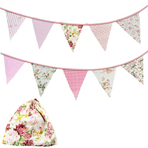 22 Feet Fabric Bunting Banner 24 Pieces Vintage Bunting Pennant Flags Reusable Cotton Triangle Banner Flag Garland for Wedding Birthday Party Baby Shower Home Garden Decoration, Pink