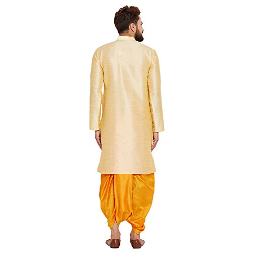 Image of SOJANYA (Since 1958 Men's Off-White and Gold Dupion Silk Dhoti Kurta Set