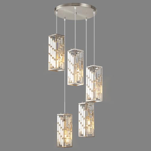Image of Brushed Nickel Pendant Lighting Modern Pendant Light, Mini Crystal Chandeliers, Adjustable Pendant Light Fixture for Kitchen Island Dinning Room Bedroom (5 Light)