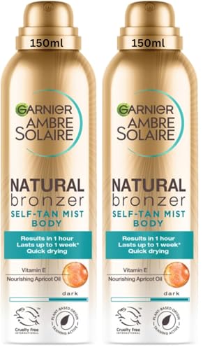 Garnier Ambre Solaire Fake Tan, Natural Bronzer Quick Drying Dark Self Tan Body Mist, Intense & Streak Free Fake Tan, Lasts Up to 1 week, Vegan Formula, Radient Glow For All Skin Types, 150ml option