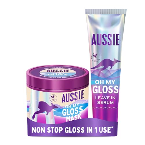 Image of Aussie Oh My Gloss Moisture-Mazing Leave-In Serum 160ml AND Glossing Hair Mask 500ml (Duo pack). Moisturise & Deeply Nourish Dry, Dull Hair. Restore Your Natural Gloss. With Macadamia Nut Oils, Vegan
