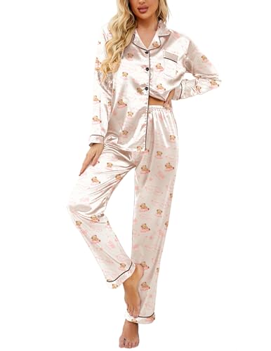 Image of Ekouaer Womens Satin Pajama Set Classic Pattern Silky Pj Sets Button Down Sleepwear Loungewear
