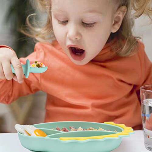 Nicingu Silicone Toddler Plates Spoon Fork Sets,Suction Plates For Baby Kids Divided Grip Dish Self Feeding Training Baby Dinner Plate Microwave Dishwasher Safe-Plate Green Dinosaurs Sets #TOP5