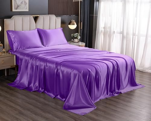 UDEAL Juego de sábanas de satén y fundas de almohada tamaño Queen, con bolsillo profundo, sedosas, suaves, transpirables, microfibra 1800 (4 piezas, morado)