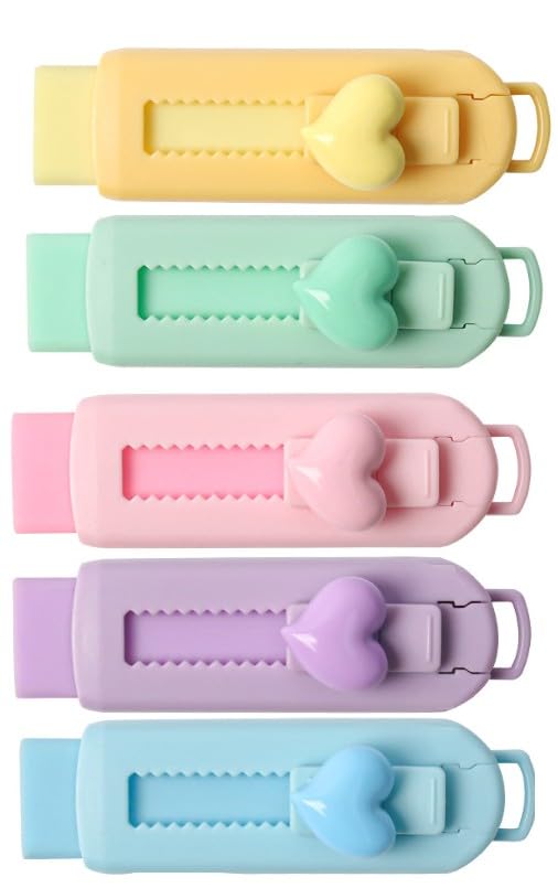 5Pcs Multicolor Sliding Retractable Pencil Eraser with Plastic Sleeve,Large Erasers for School Office,Art Erasers for Drawing,Standard Pencil Erasers,Office Products,Correction Products