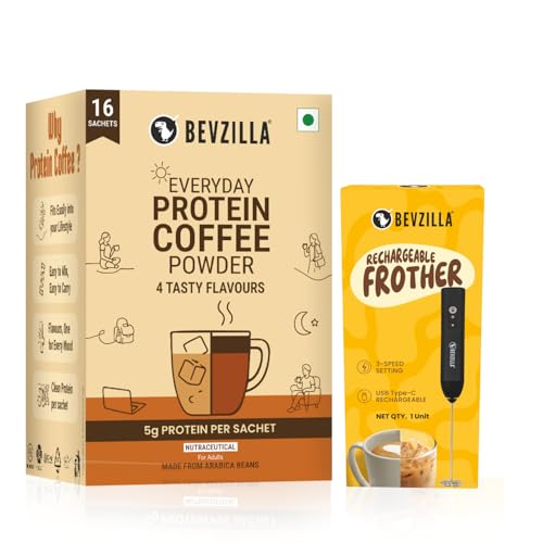 Image of Bevzilla Everyday Protein Coffee Sachets & Rechargeable Frother | Assorted 4 Flavour | 5 g Protein per Serve | 16 Sachets Pack | 3-Speed Electric Frother with Type-C Fast Charging