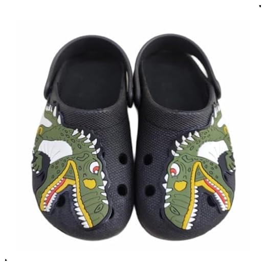 Babuche Infantil Menino T-Rex Dinossauro Estampado, Sandália Anatômica com Solado Antiderrapante, Confortável, Leve e Flexível, Calce Fácil (Preto, BR, Criança de 1 a 3 anos, Faixa Numérico, 21, 22)