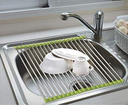 Sarang Stainless Steel Silicone Multipurpose Roll Up Dish Drying Rack/Colander Foldable/Roll able Drainer Rack Over The Sink Easy to Store