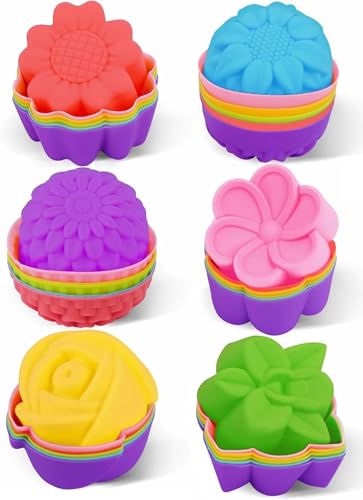 Silicone Cupcake Liners, Reusable Muffin Liners BPA Free Dishwasher Safe Baking Cups, 3 x 3 x 1.3 in (LxWxH), Multicolor Flower Shapes, Pack of 36