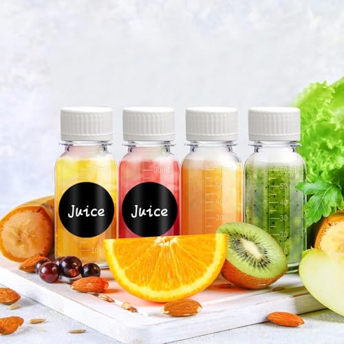 54 Pcs Small Ginger Shot Bottles with Lids Plastic Reusable Clear Shot Containers with Scale for Juicing Smoothies Milk Coffee and Drinks with 3 Labels 6 Funnels and 1 Pen (White,2 oz)