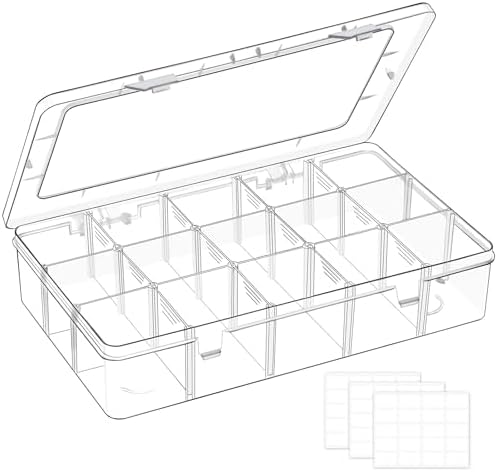 15 Grids Large Plastic Organizer Box with Adjustable Dividers, Clear Craft Organizer and Storage Tackle Box Compartment Container with Label Stickers for Beads, Jewelries, Tools