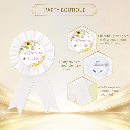 Image of Mom To Bee Tinplate Badge Pin, Daddy To Bee Button Pin, White Rosette Award Ribbon Pin for Gender Reveal, New Daddy Mom Gifts for Bee Themed Baby Shower Party Celebration - 2PCS