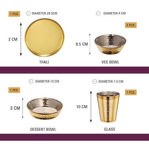 Image of Sanjeev Kapoor Stainless Steel 7 Pcs Vento Hammered Copper Plated Antique Thali Dinner Set Set 1 Thali,2 Veg Katori,1 Dessert Katori,1 Glass,1 Spoon,1 Fork (Gold)