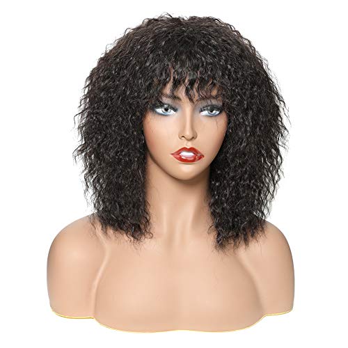 Kinky Curly Human Hair Wigs with Bangs Short Human Hair Wig for Black Women Shoulder length 150% Density Machine Made Gluless Human Hair Wigs Soft Puffy Wig