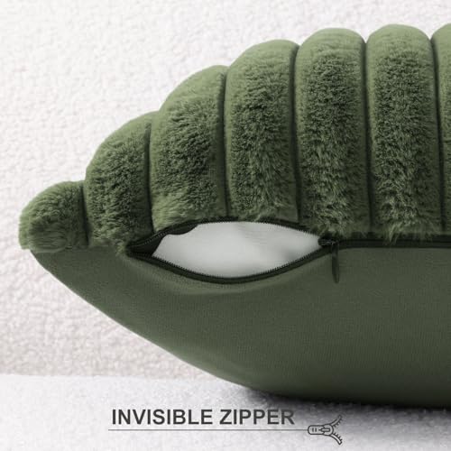 Image of Pallene Faux Fur Plush Throw Pillow Covers 22x22 Set of 2, Luxury Soft Fluffy Striped Decorative Pillow Covers for Sofa, Couch, Living Room, Olive Green