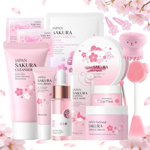 Sakura Skin Care Set Teenager Mädchen Geschenke -Gesichtspflege Set- Skincare Set 14 Stück-mit Vitamin C und Hyaluronsäure für strahlende Haut – Beauty Set inklusive Reiniger, Serum, Augencreme