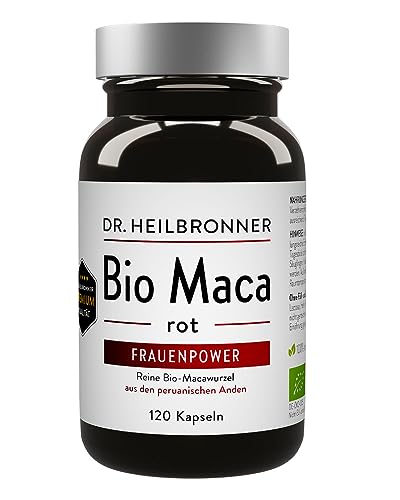 Dr. Heilbronner Bio Maca-rot-Kapseln Frauenpower Superfood 120 Kapseln vegan in der Glasflasche I peruanische Maca-Wurzel-Pulver