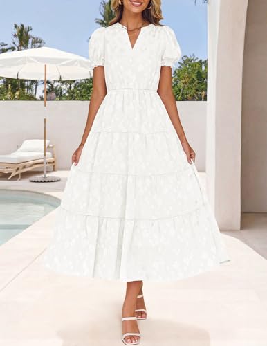 Image of ZESICA Womens Summer Floral Flowy Midi Dress 2026 Puff Short Sleeve V Neck Ruffle Tiered Beach Vacation Party Dresses