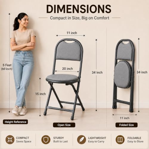 FURNIMAX Foldable Chairs for Home with Cushion Seat & Back, Folding Chair for Study, Work & Guests, Portable Steel Folding Chair, Space Saving Multipurpose Chair, Grey - Image 3