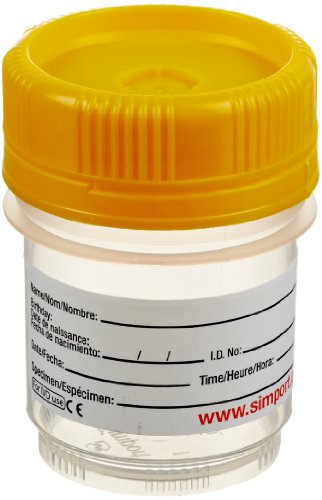 Image of Simport SpecTainer I C566-60Y Polypropylene Tamper Evident Urine Container, Non-Sterile, Yellow Cap with Tamper Evident Closure, 60ml Volume (Case of 500)