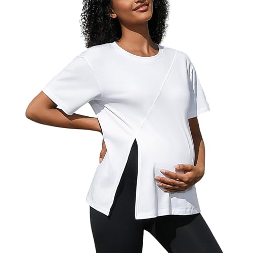 DEBELLY Camisetas femininas de maternidade de manga curta para gravidez, blusas frontais divididas casuais, túnica para gestantes, Branco, P
