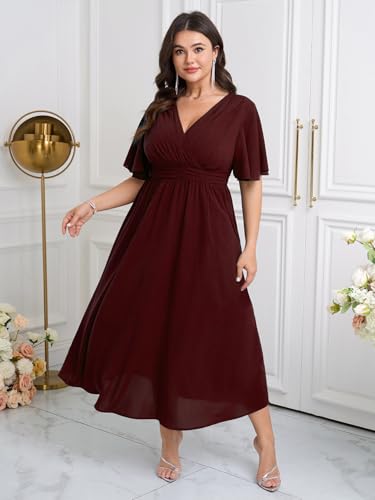 Womens Plus Size Wrap V Neck Dress Short Flutter Sleeve Pleated Empire Waist Ruffle A Line Maxi Long Dresses4