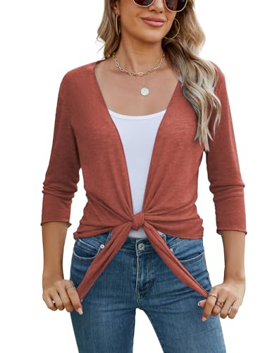 Famulily Cárdigans de punto transparentes para mujer, de manga 3/4, con atadura delantera, ligeras, para el verano, Rojo ladrillo, XXL