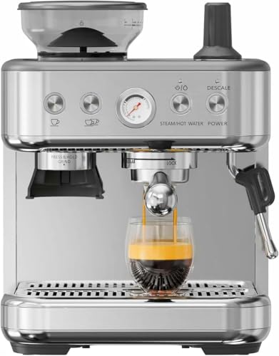 PortoAlegre Cafetera espresso con molinillo 15 bares, 250g depósito, molido ajustable, sistema de calentamiento instantáneo, control PID, vaporizador 360°, depósito 2.3L, accesorios barista