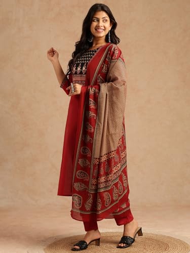 Image of Vbuyz Women Ajrakh With Yoke design Cotton Straight Kurta Set With Dupatta