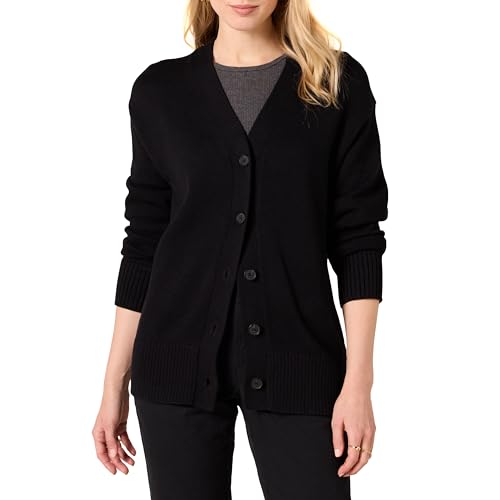 Amazon Essentials Damen Mittelschwerer Cardigan-Pullover mit V-Ausschnitt und lockerer Passform, Schwarz, M
