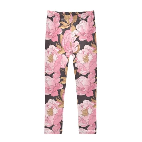 KLL A Pattern of Flowers in Pink Little Girls Active Leggings Stretch High Waisted Athleisure Pants Exercise