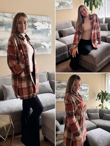 HOTOUCH Womens Flannel Jacket Long Plaid Shacket Casual Snap Button Tartan Trench Coat Long Sleeve Shirts with Pockets2