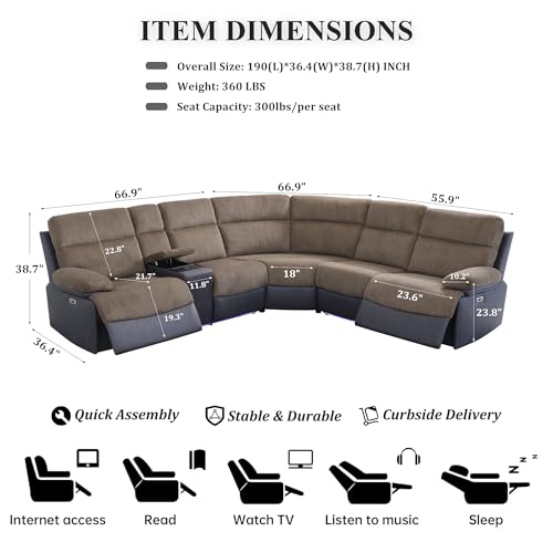 Image of Power Recliner Sectional Sofa, L-Shaped Living Room Furniture Set, Reclining Sectional Couch with Storage Console /Cup Holder for Living Room /House /Apt (Brown & Grey, 5 Seater)