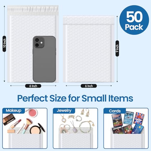 Image of METRONIC White Bubble Mailers 6x10 Inch 50 Pack Self Seal Padded Envelopes | Usable Size 6x9 Waterproof Bubble Envelopes for Small Business Shipping, Jewelry, Cards and Handmade Goods Opaque
