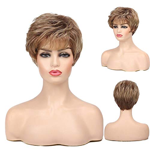 Kaneles Short Blonde Pixie Cut Wigs for White Women Curly Synthetic Layered Heat Resistant Hair Full Wig with Bangs