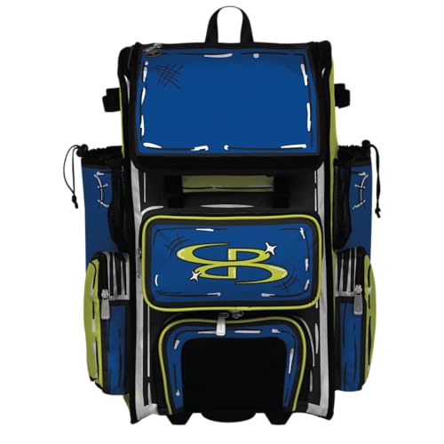 Boombah Rolling Superpack Baseball/Softball Gear Bag - Telescopic Handle - Holds 4 Bats - Wheeled Version - Animate Azure/Twitch/Black
