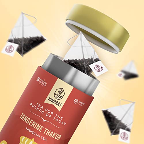 Image of Hindraj Tangerine Thakur Hibiscus Herbal Tea 18 Pyramid tea Bags Vibrant Natural Color, Ideal for Mocktails & Iced Tea, 100% Natural Ingredients Tart & Refreshing Herbal Blend, No Sugar