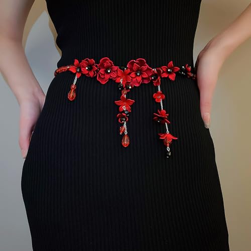 Kokoma Red Floral Beaded Waist Belt for Dress Jeans Beads Crystal Flower Tassel Charms Dangle Drop Waist Belts for Halloween Costume Party3