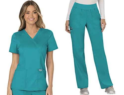 Cherokee Scrub Set For Women, Modern Classic Fit Mock Wrap Top WW610 With Mid Rise, Straight Leg Pant WW110
