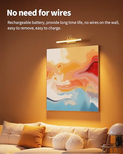 Image of KDG LED Cordless Wall Picture Lights Set of 2 with Remote, 5200mAh Rechargeable Dimmable Art Lighting, Adjustable Swing Arm, Picture Frame Light for Gallery, Living Room, Hallway, 13.5 inch, Gold
