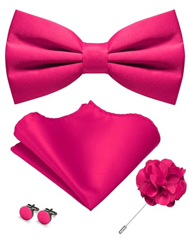 JEMYGINS Pre-tied Hot Pink Bow Tie and Pocket Square Cufflinks Lapel Pin Sets for Men Wedding Party(28)