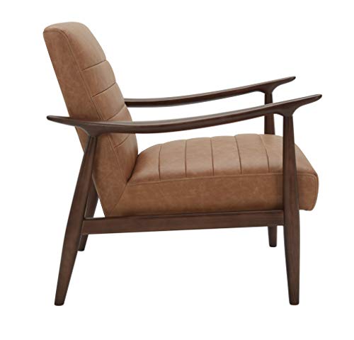 Image of Amazon Brand - Rivet Spear Mid-Century Modern Channel Tufted Leather Accent Chair with Wood Arms, 29.1 inchW, Cognac Brown