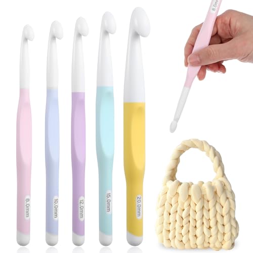 Ouligay 5PCS Large Crochet Hooks Set 8mm 10mm 12mm 15mm 20mm Ergonomic Crochet Hooks Long Crochet Needles for Chunky Yarn Knitting Blankets Shawl Carpet Scarves Multicolor