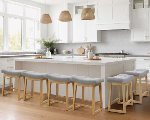 Image of Counter Height Bar Stools Set of 6, 24 Inch Backless Upholstered Bar Stools with Wood Legs, Modern Farmhouse Saddle Stools for Kitchen Island, Home Bar, Grey Fabric