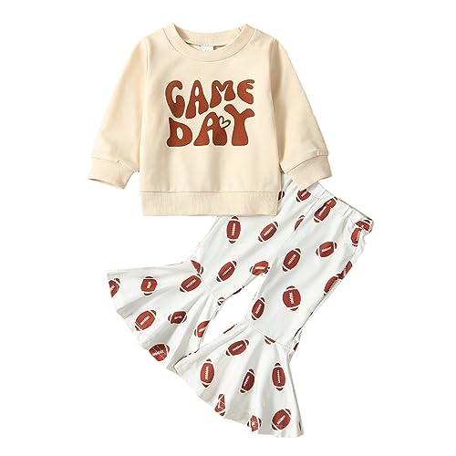 Image of LAGKIYOJ Baby Girl Football Outfit Game Day Long Sleeve Crewneck Sweatshirt Rugby Bell Bottom Pants Infant Fall Clothes (Brown - Football, 3-6 Months)