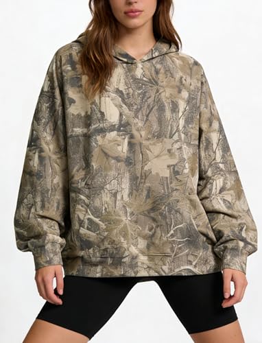 Image of Dsewpaur Camo Hoodie For Women Oversized Long Sleeve Drop Shoulder Fleece Hooded Sweatshirt Pullover With Pocket Outfits