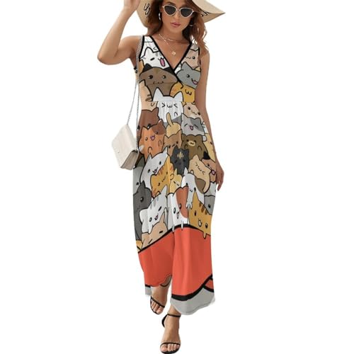 Robe longue d'été sans manches pour femmes | Maxi robe décontractée à col en V motif chats